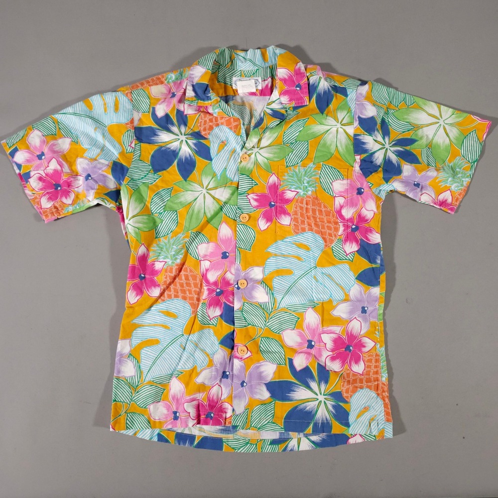 Surf Line Hawaii Button Down Shirt Mens Small Yellow Tropical Floral Pineapple